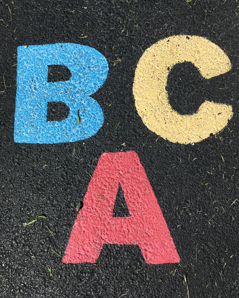 the letters 'A', 'B', and 'C' plastered on a surface